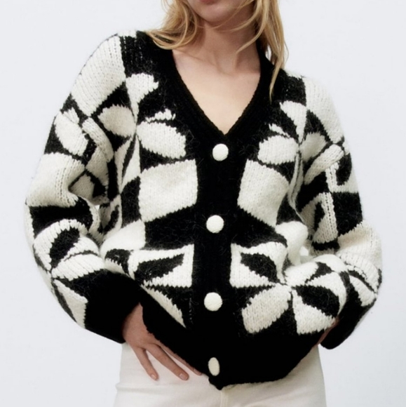 NEW * Zara Black White Checkered Knit Jacquard Chunky Knit Oversized Cardigan - Picture 14 of 16